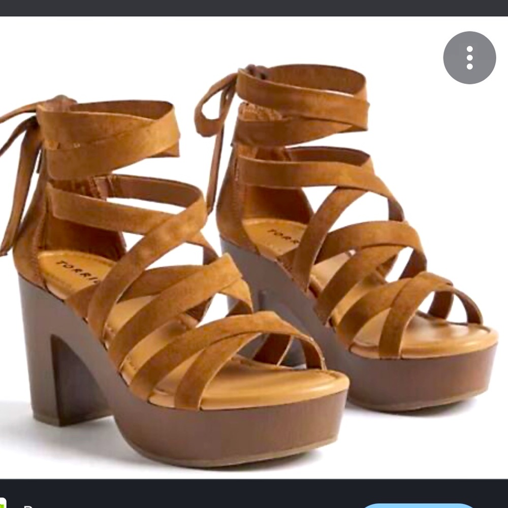 26. NWT Torrid Faux Brown Suede Chunky Wood Block Platform Ankle Wrap Sandals
